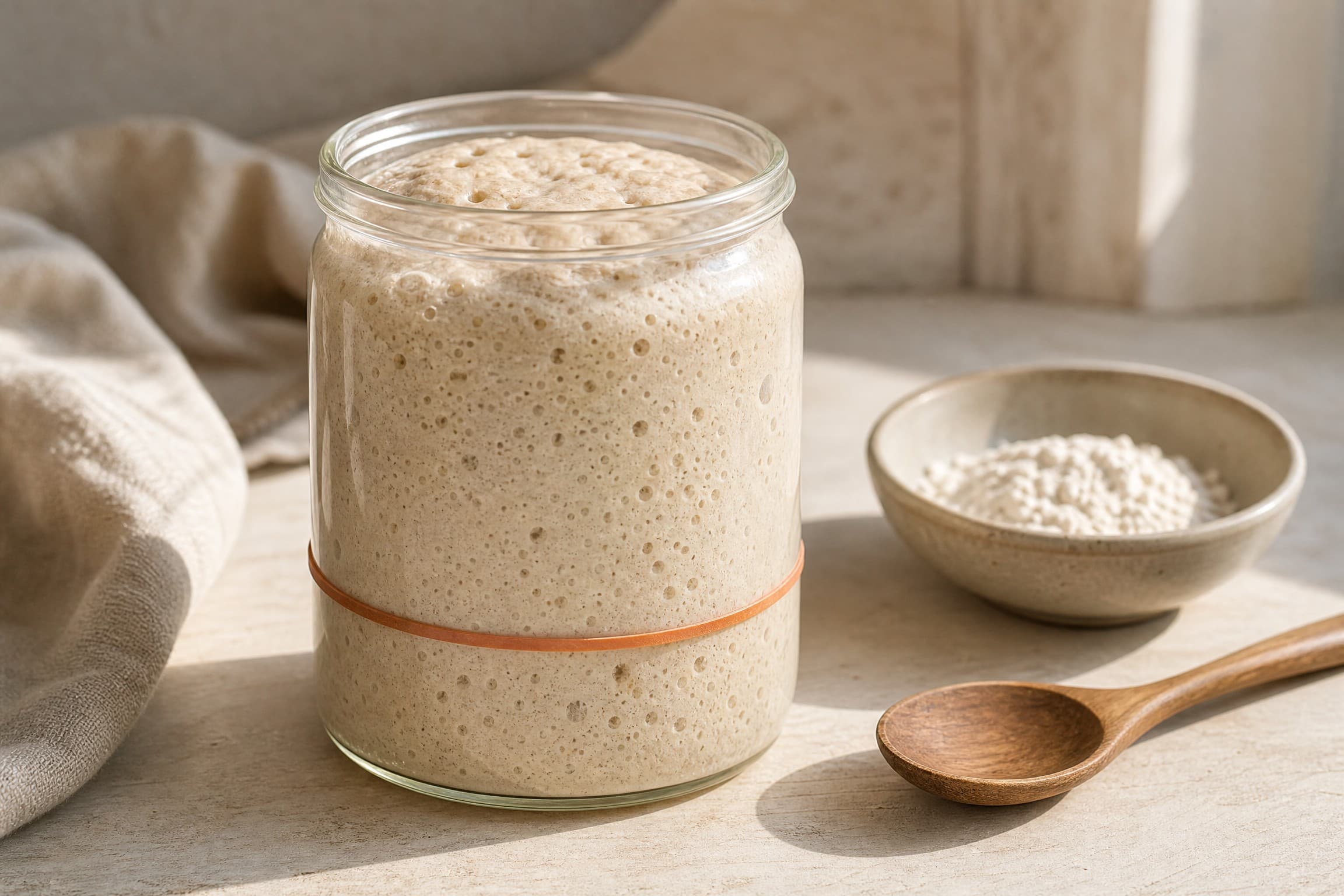Freshly baked sourdough starter: how to make, feed, and keep one, photographed on a warm cream background