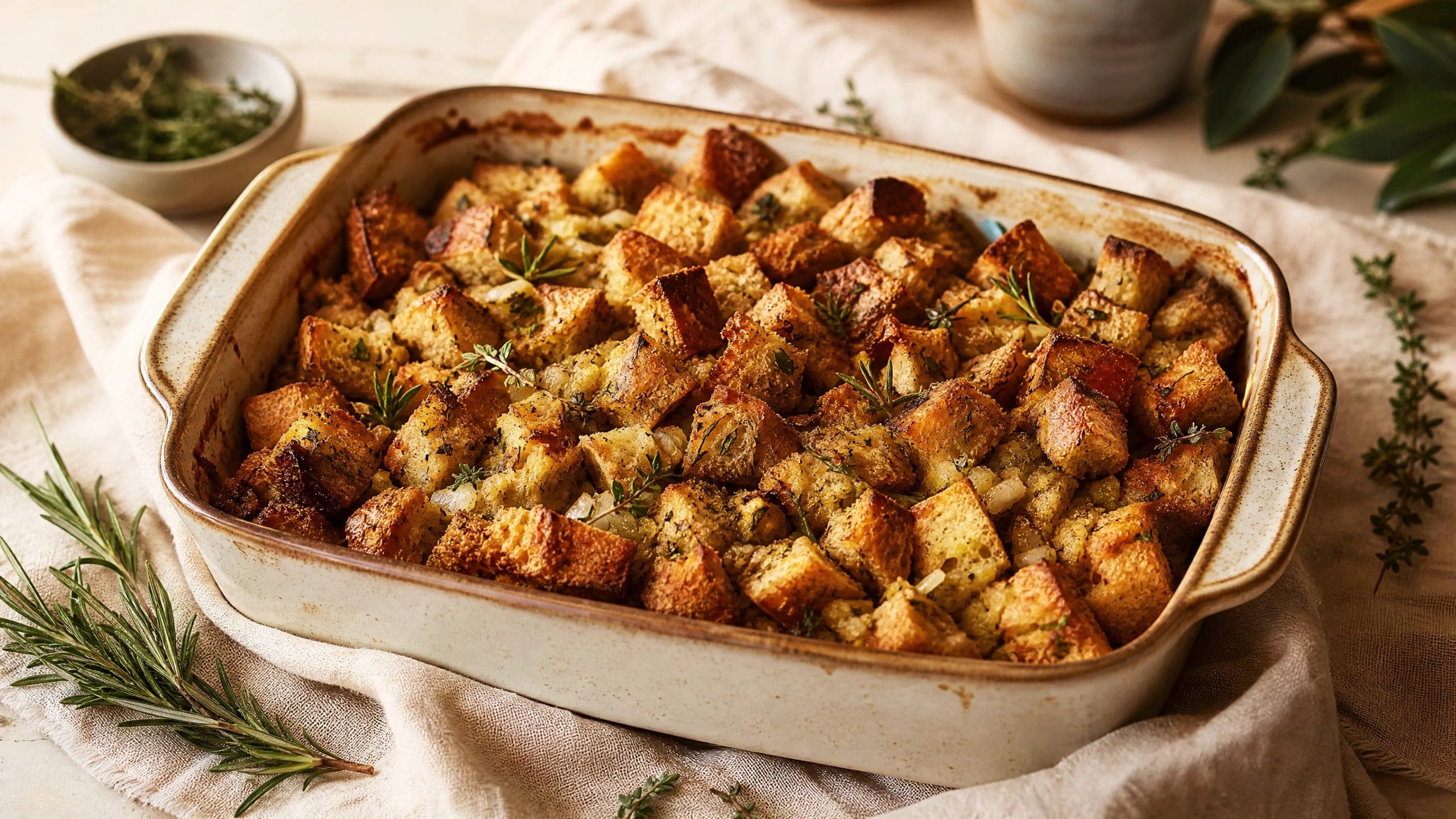 Freshly baked sourdough stuffing, photographed on a warm cream background
