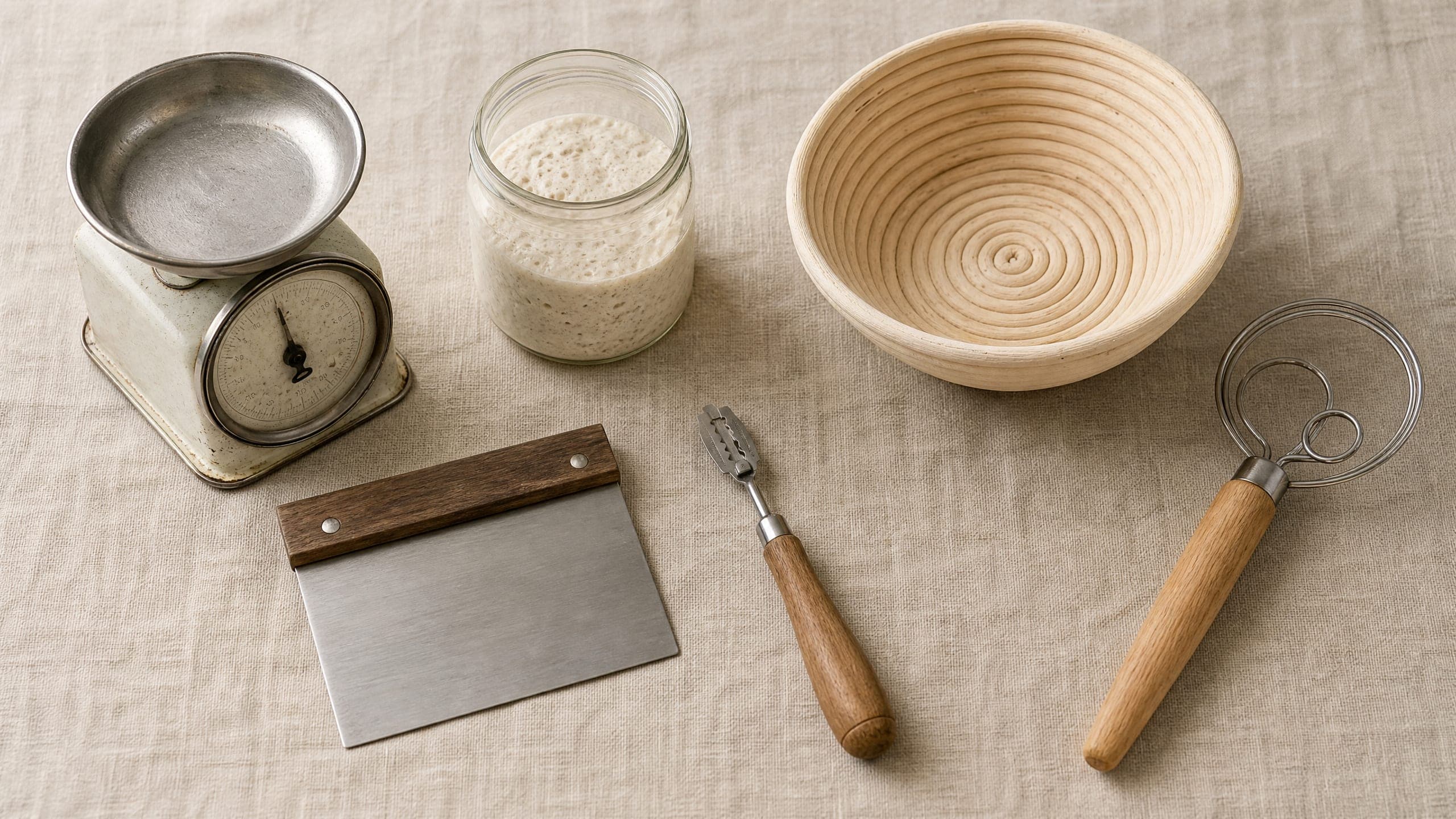 Essential Sourdough Tools & Supplies (Starter Kit) — gear photographed on a warm cream background