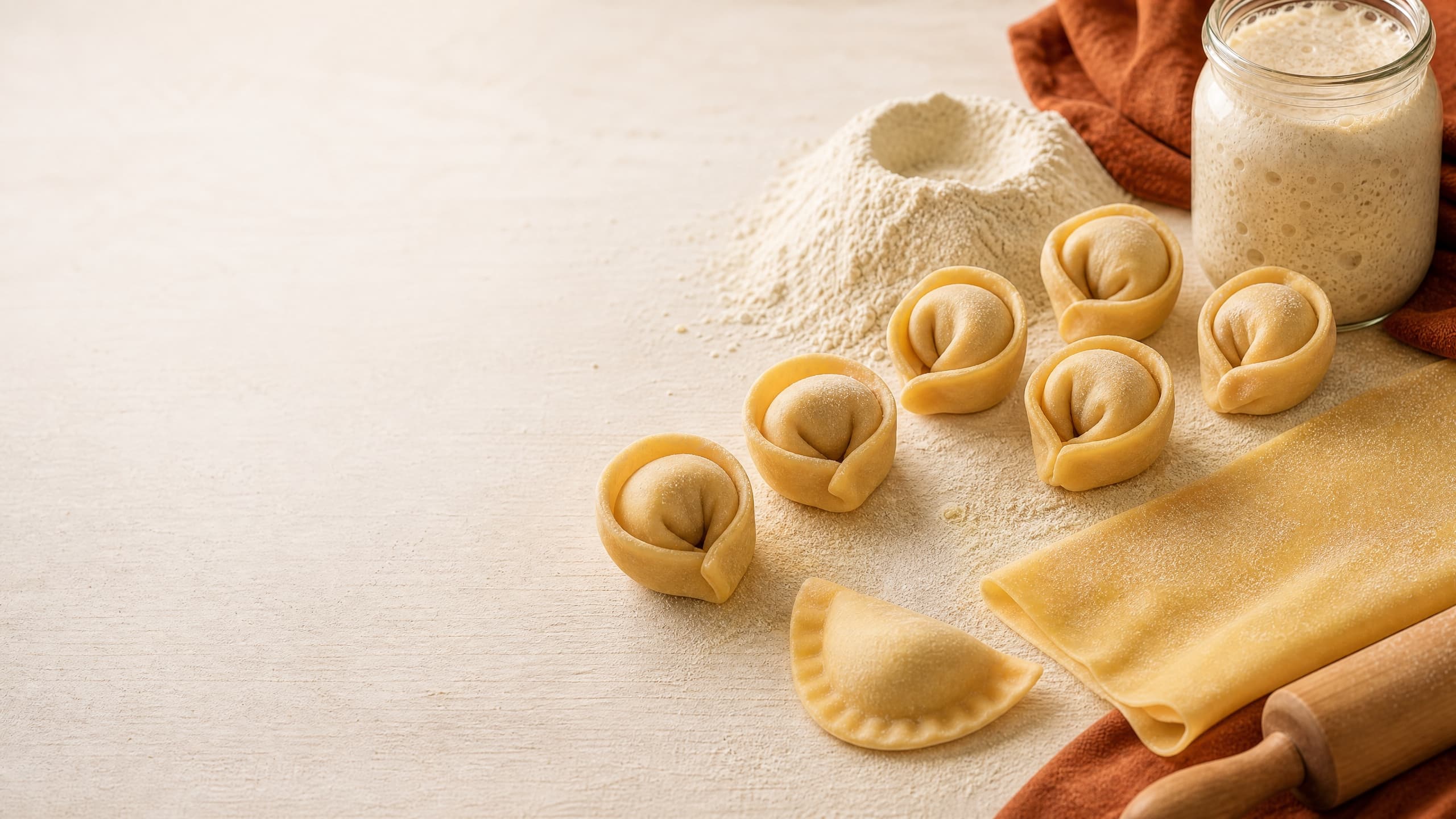 Freshly baked sourdough tortellini (ring of pasta for broth or cream), photographed on a warm cream background