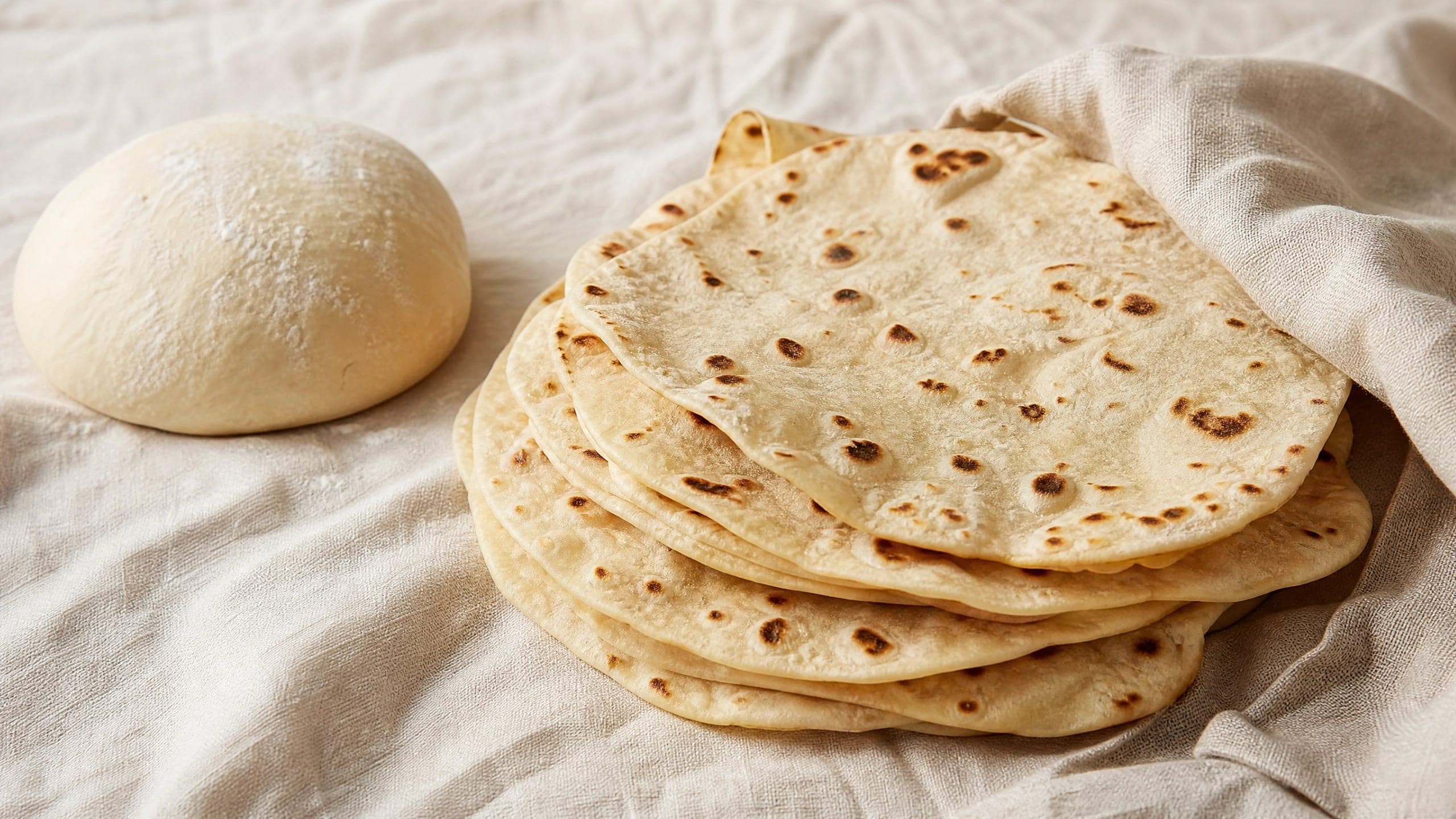 Freshly baked sourdough tortillas, photographed on a warm cream background