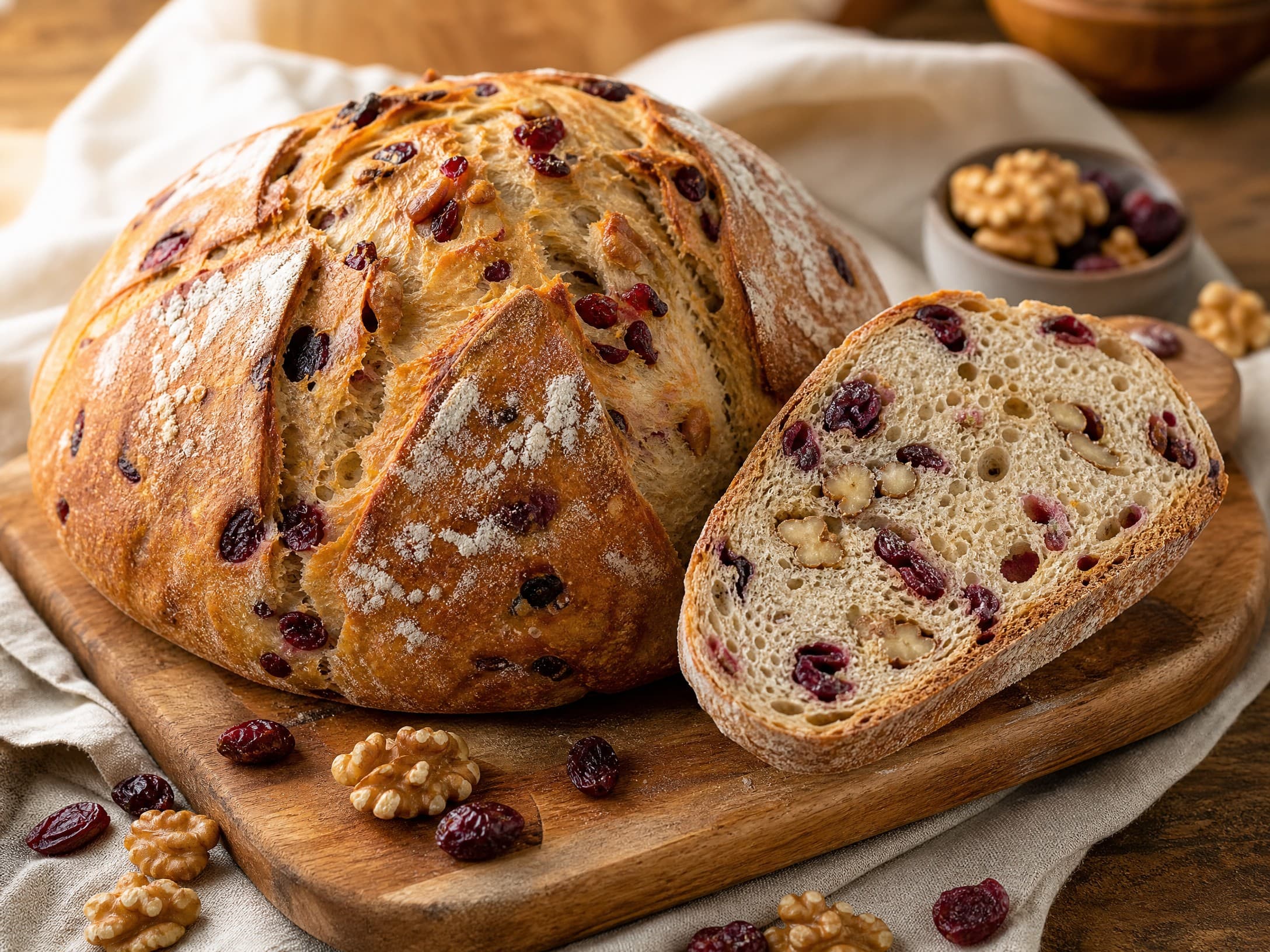 Freshly baked walnut cranberry sourdough bread recipe, photographed on a warm cream background
