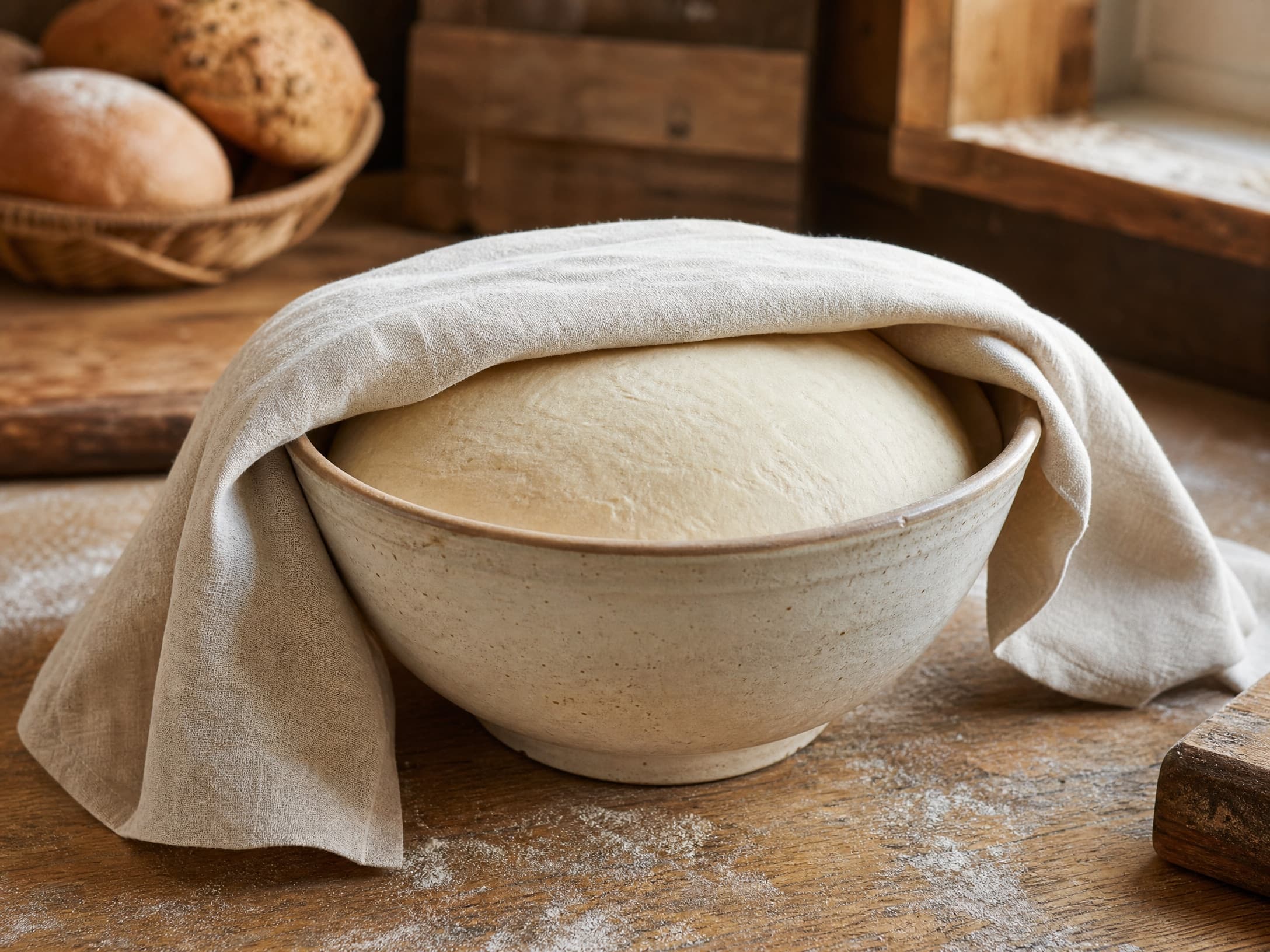 Covered overnight dough risen but still domed on the counter