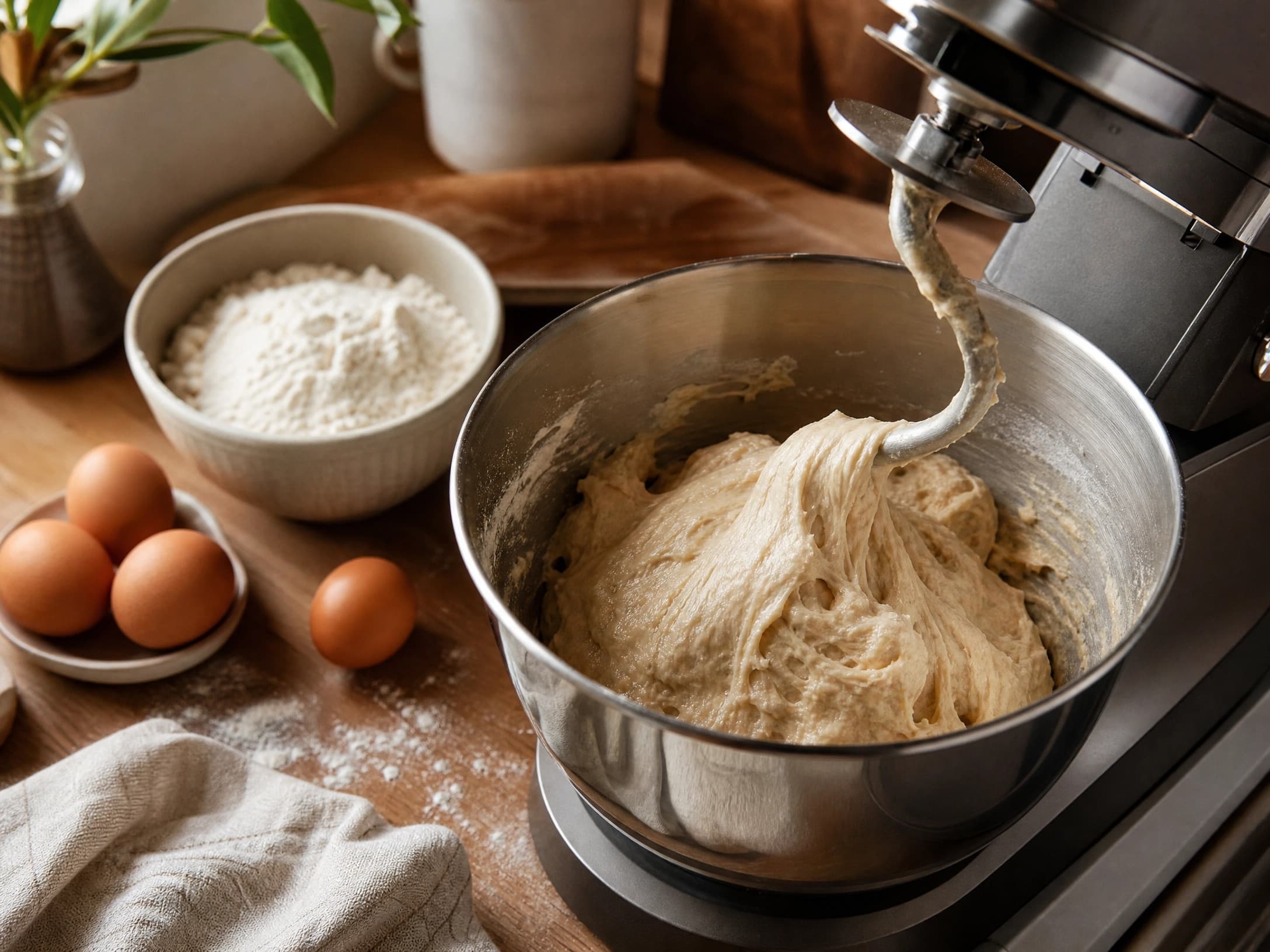 Shaggy enriched brioche dough in a mixing bowl