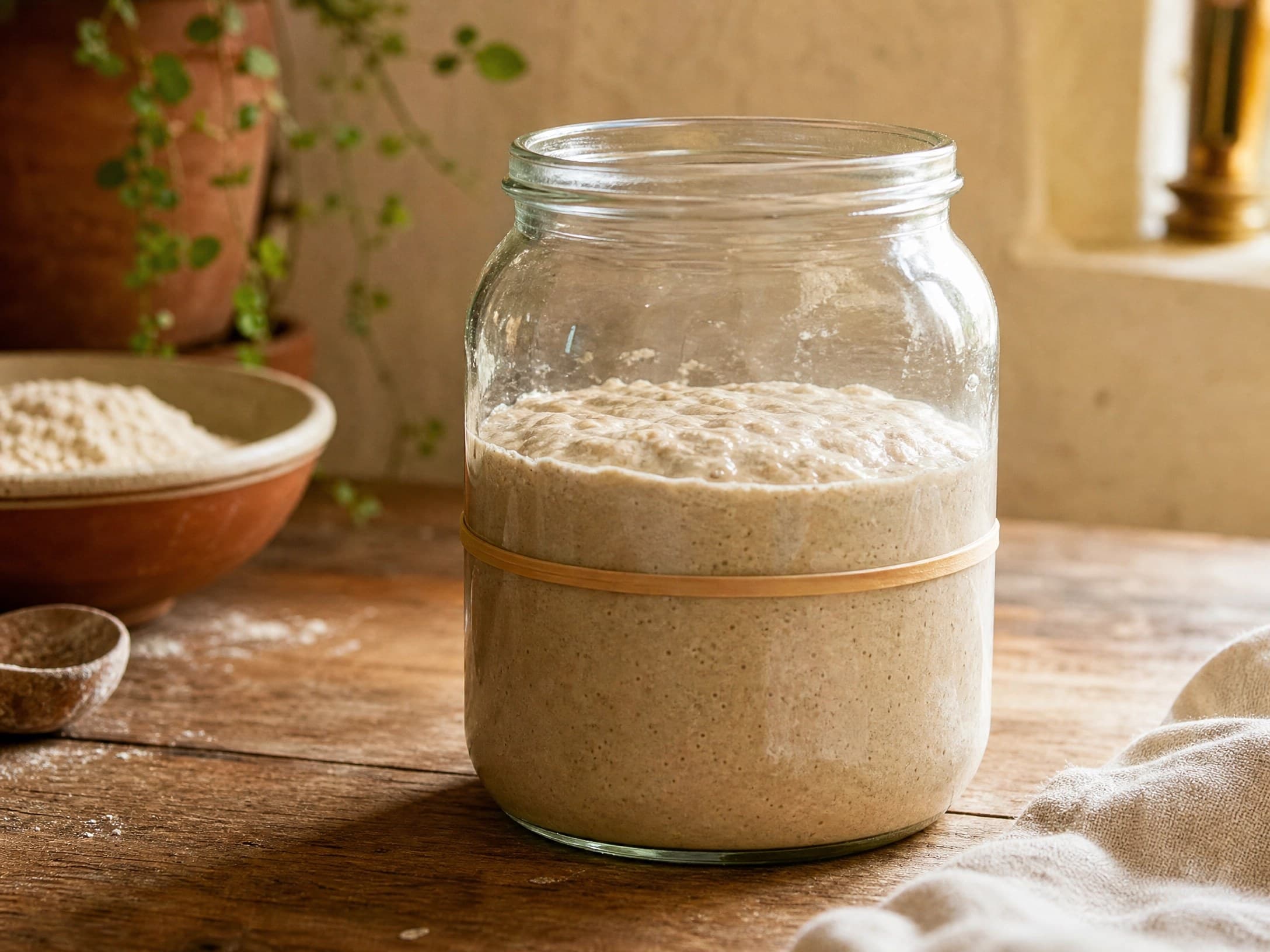 Whole wheat flour and water mixed into a paste in a glass jar with a rubber band marking the level