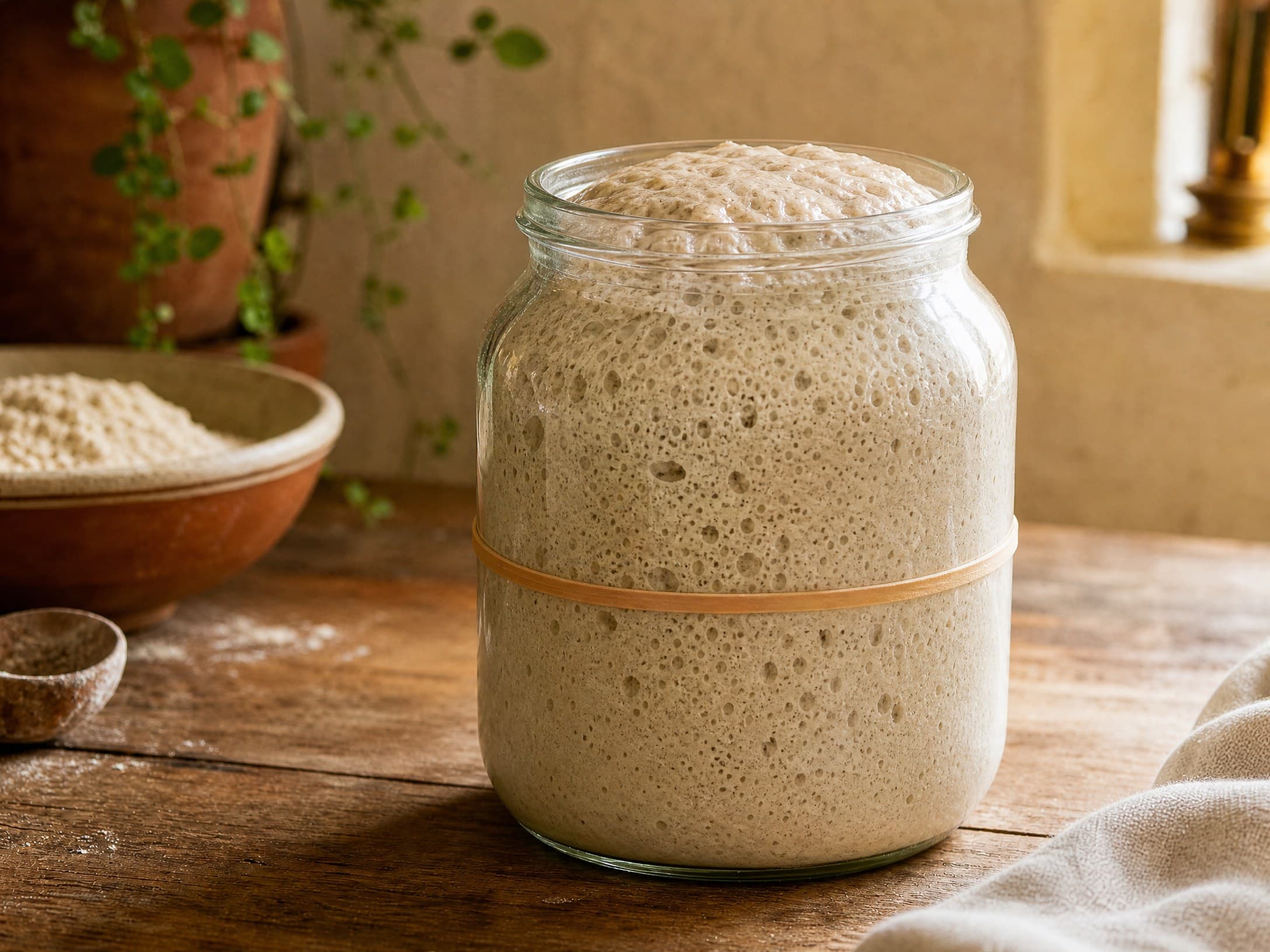 Active sourdough starter roughly doubled in a glass jar after feeding, domed with a honeycomb of bubbles