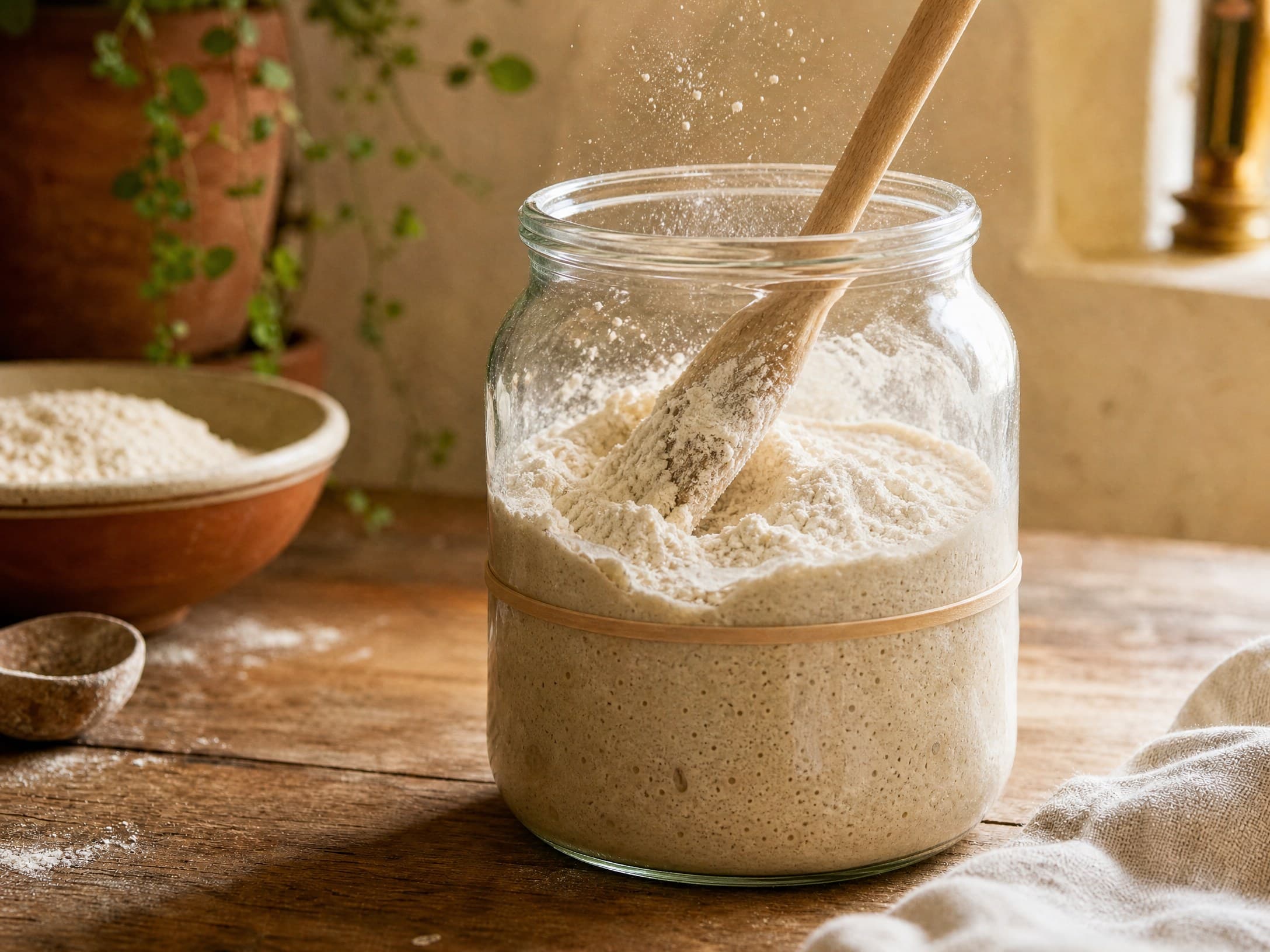 A spoon stirring fresh flour into a glass jar of starter, flecks of flour in the air over a wooden counter