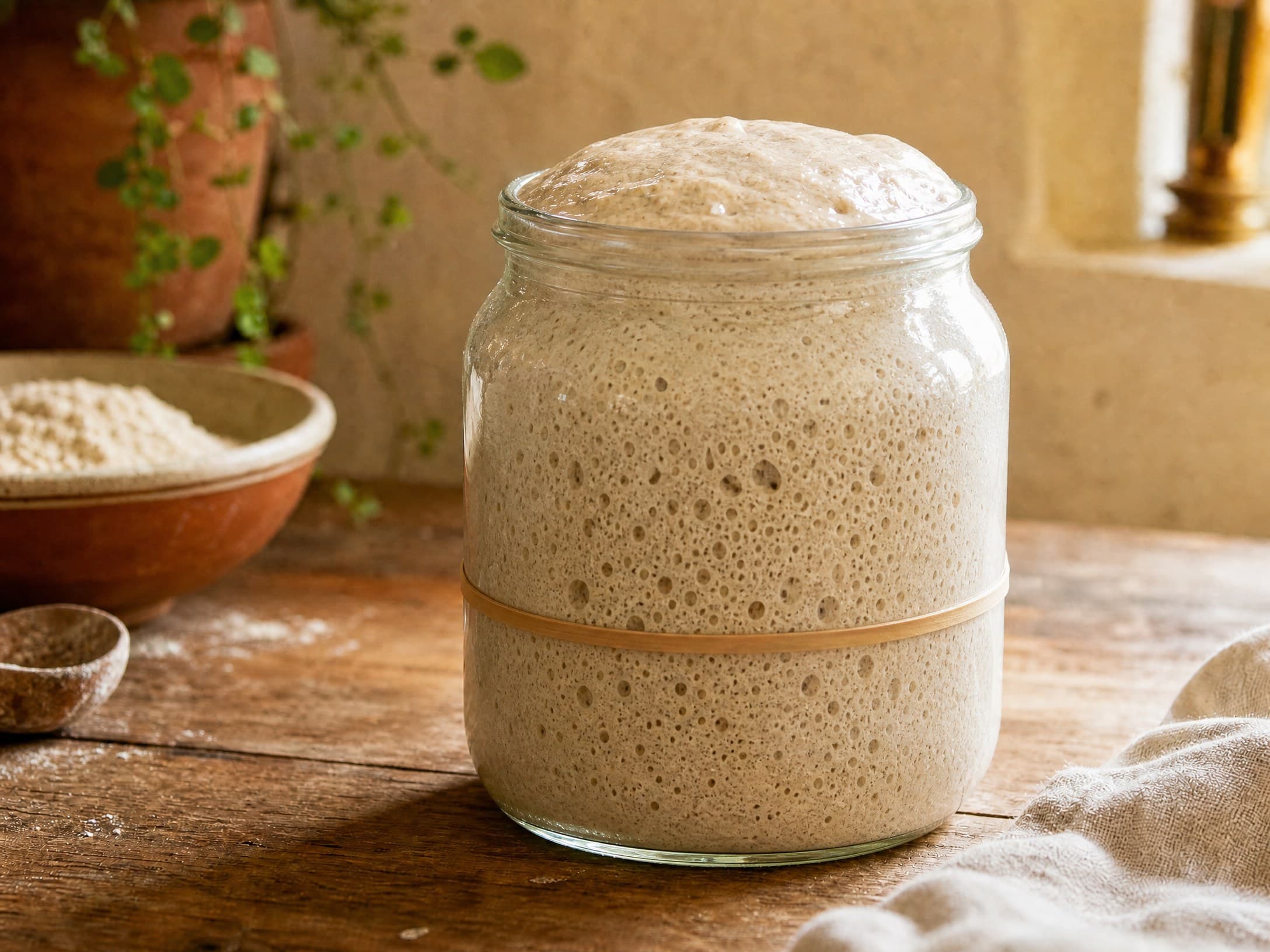 A mature, active starter domed at its peak in a glass jar, roughly doubled, with a honeycomb of bubbles under the surface